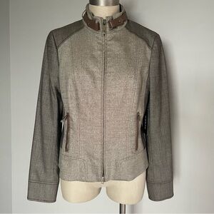 Worth brown wool silk blend zipper front jacket with leather trim size 8